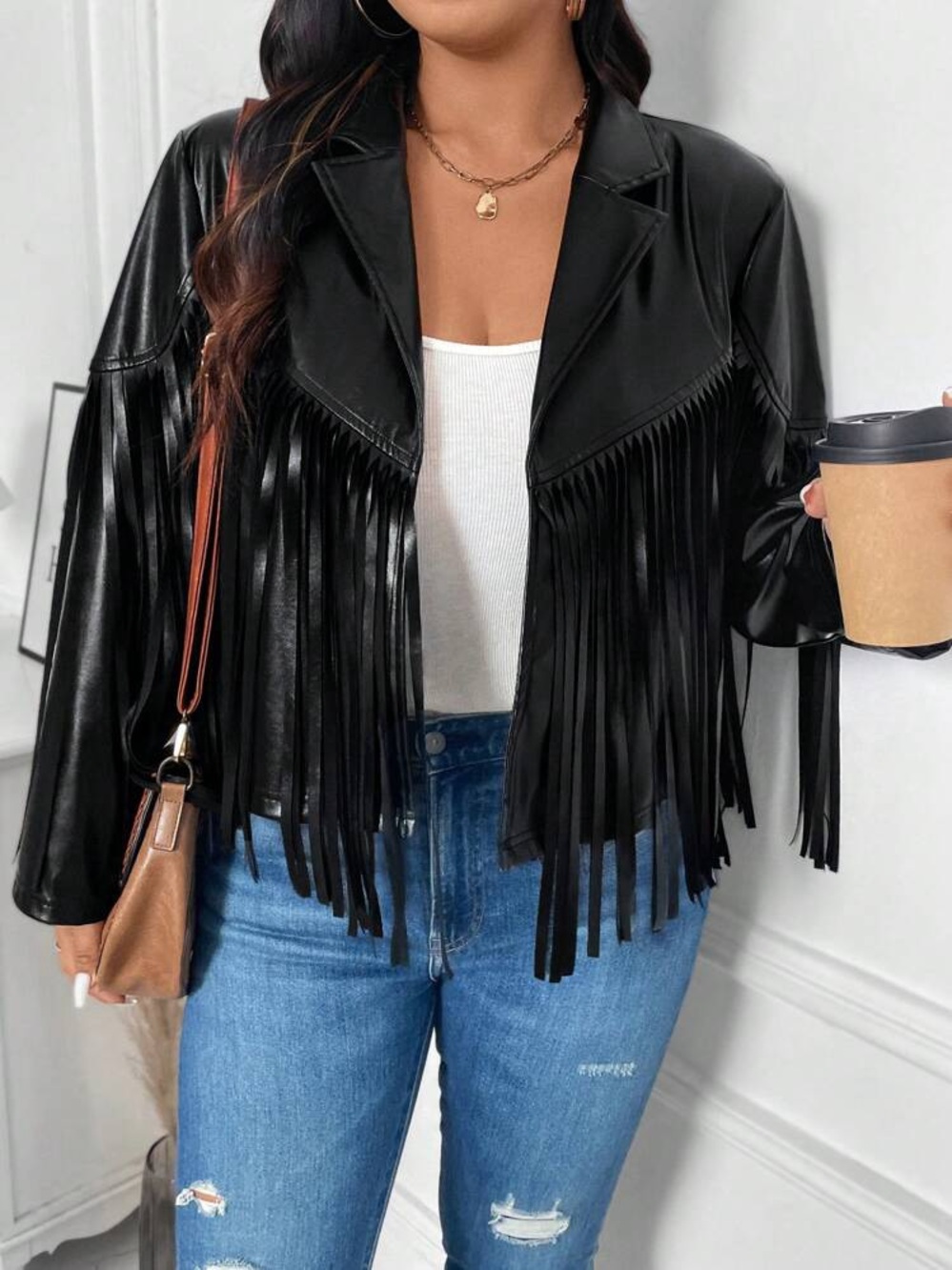 Womens Black Fringe Faux Leather Jacket boho blazer - Picture 1 of 6